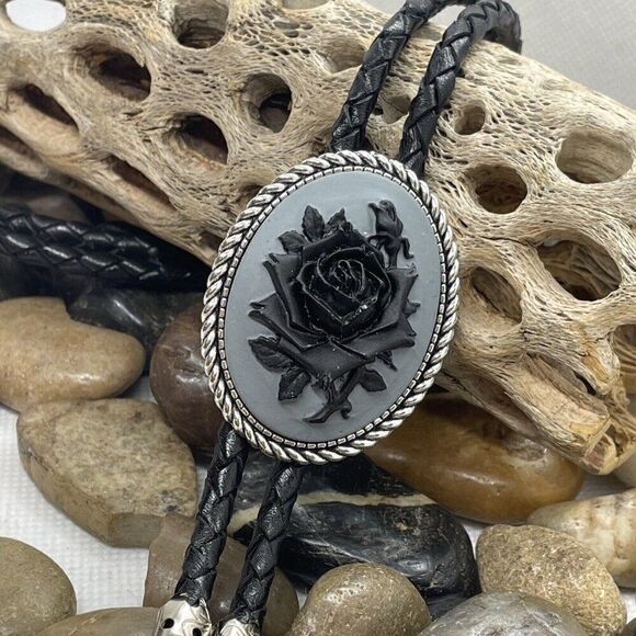 Black Gray Rose Wedding Cameo Pendant Bolo Lariat Tie Victorian Fathers day dad - Picture 5 of 8